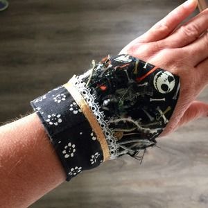 Handmade textile art wide cuff skull bracelet